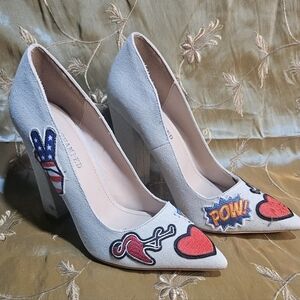Embellished Gray Pumps with Heart and Comic Designs